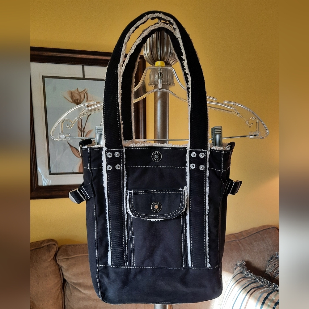 🆕️ Vintage 1990s Y2K Roxy Black Denim Bag Purse Tote with Sherpa Trim